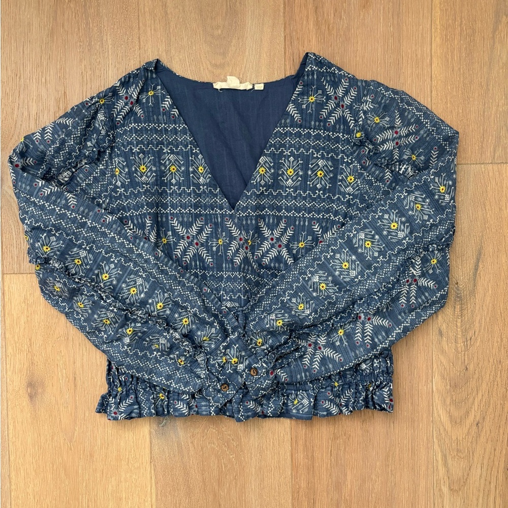 Anthropologie Forever That Girl Blue Smocked Floral Peasant Blouse Size M - Picture 5 of 9